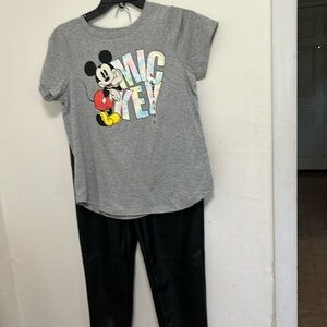 NWT Jordache Girl Faux Leather Paperbag Mom Pull-on Pants & Mickey Mouse T-shirt